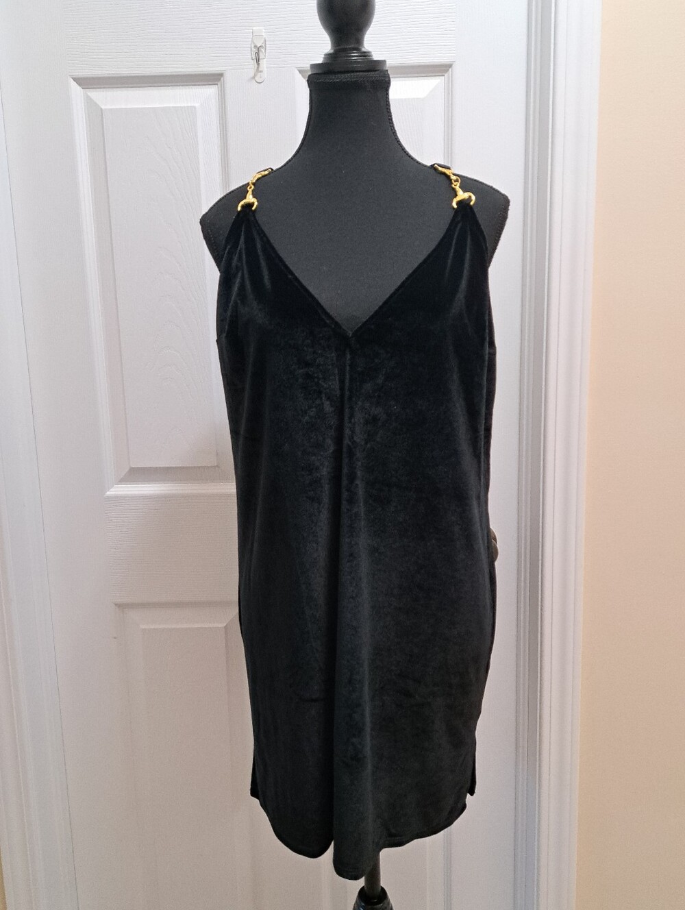 La SENZA Black Velvet Chemise with Gold Chain Straps Womens Size XL Chic Sexy